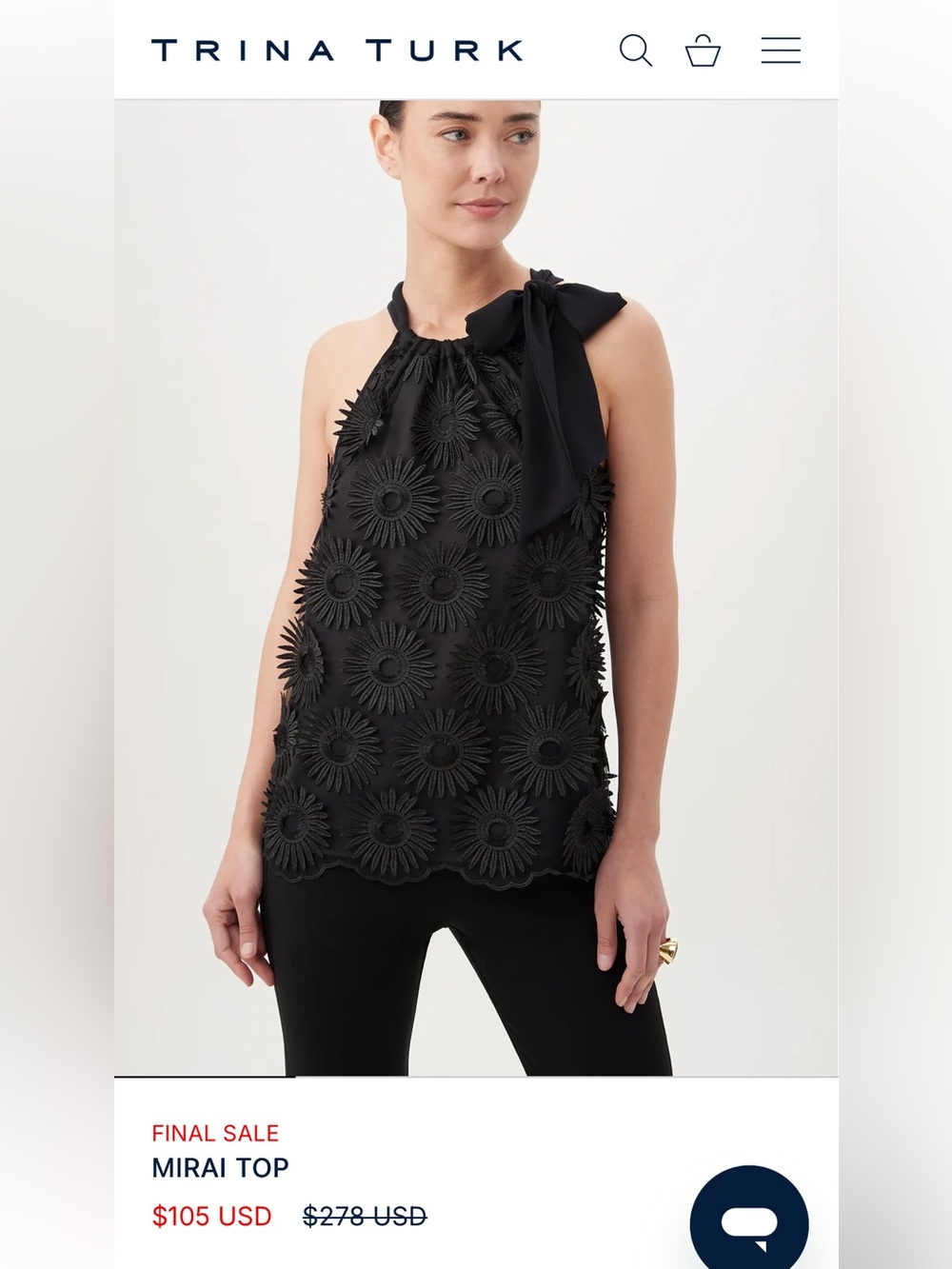 NWT- Trina Turk Mirai Black Halter Floral Appliqué Top